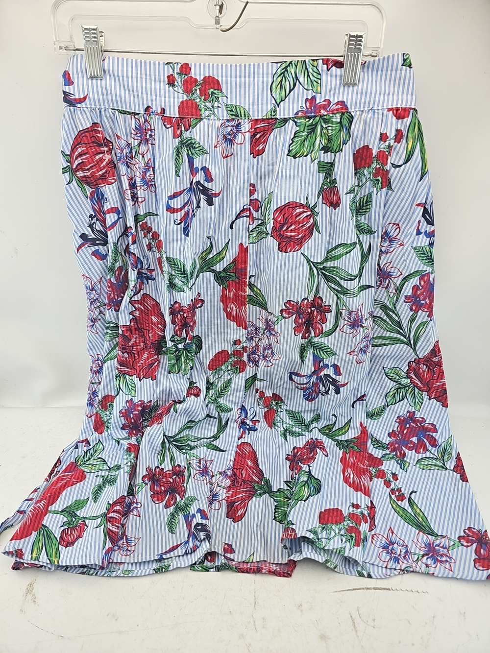 Neiman Marcus Blue Striped Floral Cotton Midi Skirt